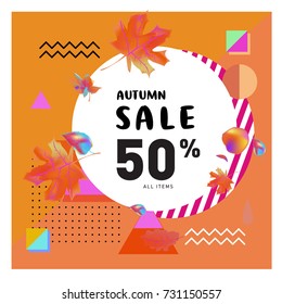 Autumn sale memphis style web banner. Fashion and travel discount poster. Vector holiday Abstract colorful illustration with special offer and promotion.