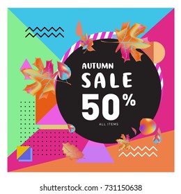 Autumn sale memphis style web banner. Fashion and travel discount poster. Vector holiday Abstract colorful illustration with special offer and promotion.