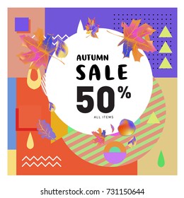 Autumn sale memphis style web banner. Fashion and travel discount poster. Vector holiday Abstract colorful illustration with special offer and promotion.