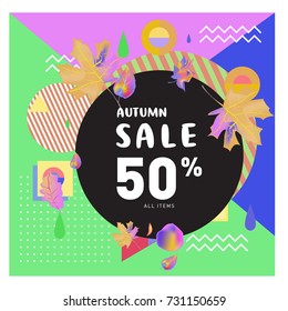 Autumn sale memphis style web banner. Fashion and travel discount poster. Vector holiday Abstract colorful illustration with special offer and promotion.