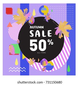 Autumn sale memphis style web banner. Fashion and travel discount poster. Vector holiday Abstract colorful illustration with special offer and promotion.