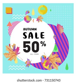 Autumn sale memphis style web banner. Fashion and travel discount poster. Vector holiday Abstract colorful illustration with special offer and promotion.