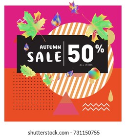 Autumn sale memphis style web banner. Fashion and travel discount poster. Vector holiday Abstract colorful illustration with special offer and promotion.