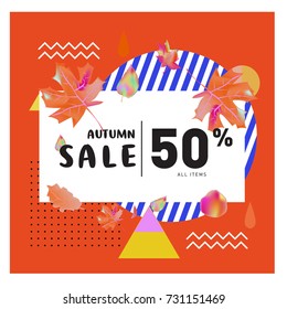 Autumn sale memphis style web banner. Fashion and travel discount poster. Vector holiday Abstract colorful illustration with special offer and promotion.