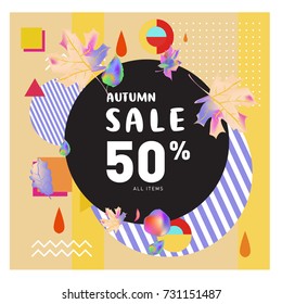 Autumn sale memphis style web banner. Fashion and travel discount poster. Vector holiday Abstract colorful illustration with special offer and promotion.