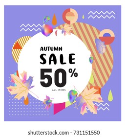 Autumn sale memphis style web banner. Fashion and travel discount poster. Vector holiday Abstract colorful illustration with special offer and promotion.