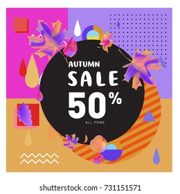 Autumn sale memphis style web banner. Fashion and travel discount poster. Vector holiday Abstract colorful illustration with special offer and promotion.