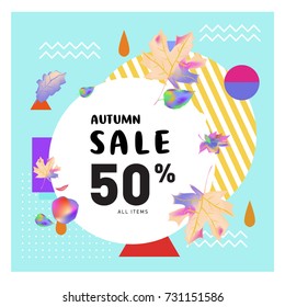 Autumn sale memphis style web banner. Fashion and travel discount poster. Vector holiday Abstract colorful illustration with special offer and promotion.