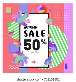 Autumn sale memphis style web banner. Fashion and travel discount poster. Vector holiday Abstract colorful illustration with special offer and promotion.