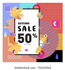 Autumn sale memphis style web banner. Fashion and travel discount poster. Vector holiday Abstract colorful illustration with special offer and promotion.