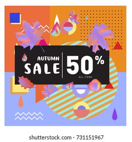 Autumn sale memphis style web banner. Fashion and travel discount poster. Vector holiday Abstract colorful illustration with special offer and promotion.