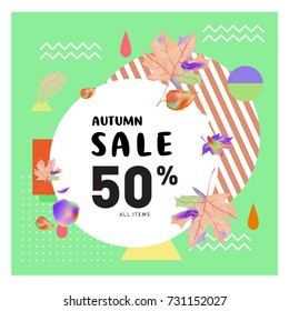 Autumn sale memphis style web banner. Fashion and travel discount poster. Vector holiday Abstract colorful illustration with special offer and promotion.