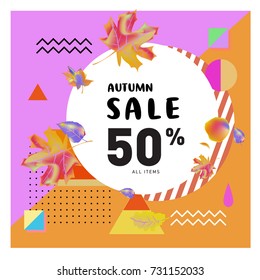 Autumn sale memphis style web banner. Fashion and travel discount poster. Vector holiday Abstract colorful illustration with special offer and promotion.