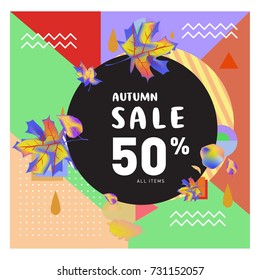 Autumn sale memphis style web banner. Fashion and travel discount poster. Vector holiday Abstract colorful illustration with special offer and promotion.
