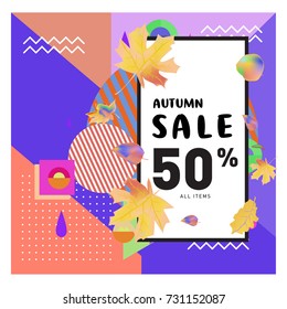 Autumn sale memphis style web banner. Fashion and travel discount poster. Vector holiday Abstract colorful illustration with special offer and promotion.