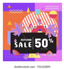 Autumn sale memphis style web banner. Fashion and travel discount poster. Vector holiday Abstract colorful illustration with special offer and promotion.