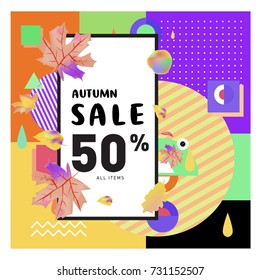 Autumn sale memphis style web banner. Fashion and travel discount poster. Vector holiday Abstract colorful illustration with special offer and promotion.