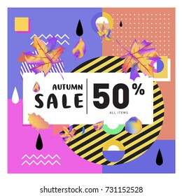 Autumn sale memphis style web banner. Fashion and travel discount poster. Vector holiday Abstract colorful illustration with special offer and promotion.