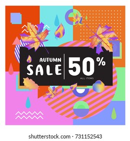 Autumn sale memphis style web banner. Fashion and travel discount poster. Vector holiday Abstract colorful illustration with special offer and promotion.