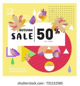 Autumn sale memphis style web banner. Fashion and travel discount poster. Vector holiday Abstract colorful illustration with special offer and promotion.