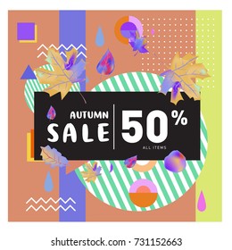 Autumn sale memphis style web banner. Fashion and travel discount poster. Vector holiday Abstract colorful illustration with special offer and promotion.