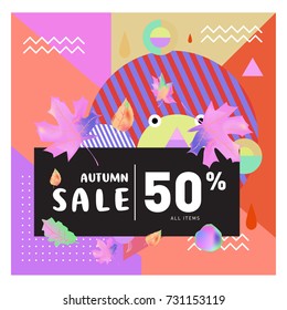 Autumn sale memphis style web banner. Fashion and travel discount poster. Vector holiday Abstract colorful illustration with special offer and promotion.