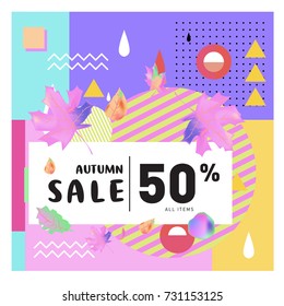 Autumn sale memphis style web banner. Fashion and travel discount poster. Vector holiday Abstract colorful illustration with special offer and promotion.