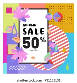 Autumn sale memphis style web banner. Fashion and travel discount poster. Vector holiday Abstract colorful illustration with special offer and promotion.