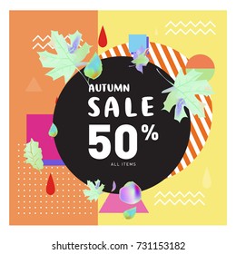 Autumn sale memphis style web banner. Fashion and travel discount poster. Vector holiday Abstract colorful illustration with special offer and promotion.