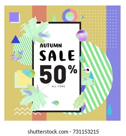 Autumn sale memphis style web banner. Fashion and travel discount poster. Vector holiday Abstract colorful illustration with special offer and promotion.