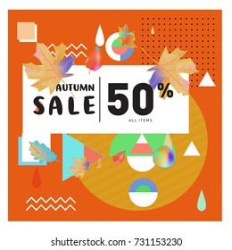 Autumn sale memphis style web banner. Fashion and travel discount poster. Vector holiday Abstract colorful illustration with special offer and promotion.