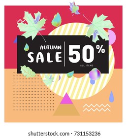 Autumn sale memphis style web banner. Fashion and travel discount poster. Vector holiday Abstract colorful illustration with special offer and promotion.