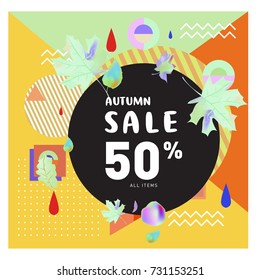 Autumn sale memphis style web banner. Fashion and travel discount poster. Vector holiday Abstract colorful illustration with special offer and promotion.