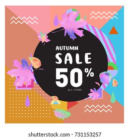 Autumn sale memphis style web banner. Fashion and travel discount poster. Vector holiday Abstract colorful illustration with special offer and promotion.