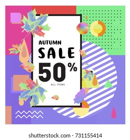 Autumn sale memphis style web banner. Fashion and travel discount poster. Vector holiday Abstract colorful illustration with special offer and promotion.