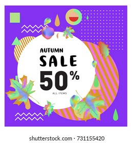 Autumn sale memphis style web banner. Fashion and travel discount poster. Vector holiday Abstract colorful illustration with special offer and promotion.