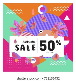 Autumn sale memphis style web banner. Fashion and travel discount poster. Vector holiday Abstract colorful illustration with special offer and promotion.