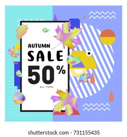 Autumn sale memphis style web banner. Fashion and travel discount poster. Vector holiday Abstract colorful illustration with special offer and promotion.