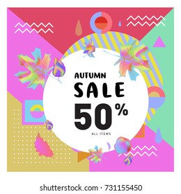Autumn sale memphis style web banner. Fashion and travel discount poster. Vector holiday Abstract colorful illustration with special offer and promotion.