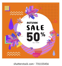 Autumn sale memphis style web banner. Fashion and travel discount poster. Vector holiday Abstract colorful illustration with special offer and promotion.