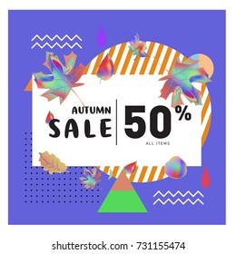 Autumn sale memphis style web banner. Fashion and travel discount poster. Vector holiday Abstract colorful illustration with special offer and promotion.