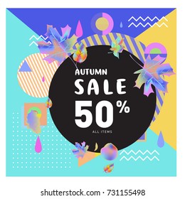 Autumn sale memphis style web banner. Fashion and travel discount poster. Vector holiday Abstract colorful illustration with special offer and promotion.