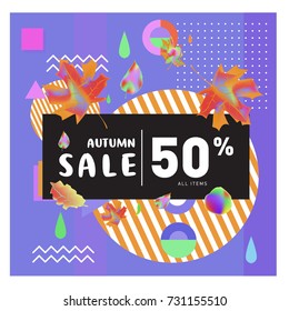 Autumn sale memphis style web banner. Fashion and travel discount poster. Vector holiday Abstract colorful illustration with special offer and promotion.