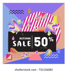 Autumn sale memphis style web banner. Fashion and travel discount poster. Vector holiday Abstract colorful illustration with special offer and promotion.