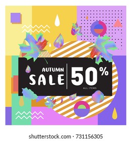 Autumn sale memphis style web banner. Fashion and travel discount poster. Vector holiday Abstract colorful illustration with special offer and promotion.