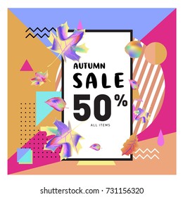 Autumn sale memphis style web banner. Fashion and travel discount poster. Vector holiday Abstract colorful illustration with special offer and promotion.