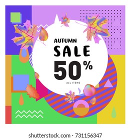 Autumn sale memphis style web banner. Fashion and travel discount poster. Vector holiday Abstract colorful illustration with special offer and promotion.