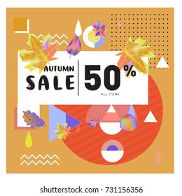 Autumn sale memphis style web banner. Fashion and travel discount poster. Vector holiday Abstract colorful illustration with special offer and promotion.