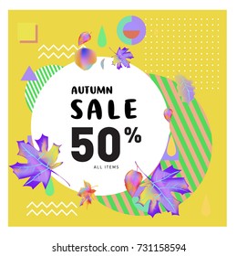 Autumn sale memphis style web banner. Fashion and travel discount poster. Vector holiday Abstract colorful illustration with special offer and promotion.