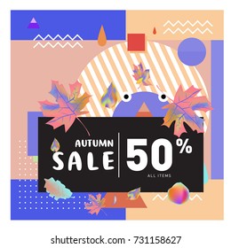 Autumn sale memphis style web banner. Fashion and travel discount poster. Vector holiday Abstract colorful illustration with special offer and promotion.